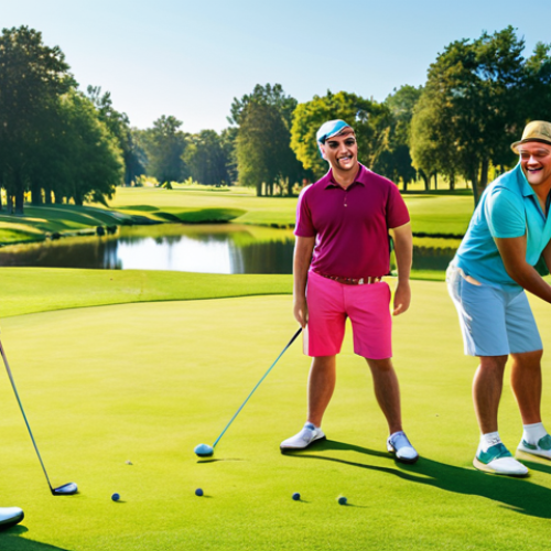 Home 4 **
"A group of diverse friends laughing and playing golf on a sunny course. Focus on the relaxed atmosphere and beautiful scenery, with one person hilariously attempting a swing. Emphasize 'golf sans prise de tête' - fun, casual golf without pressure. Bright, vibrant colors."
**