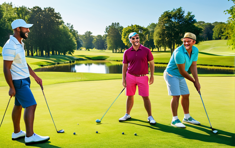 **
"A group of diverse friends laughing and playing golf on a sunny course. Focus on the relaxed atmosphere and beautiful scenery, with one person hilariously attempting a swing. Emphasize 'golf sans prise de tête' - fun, casual golf without pressure. Bright, vibrant colors."
**