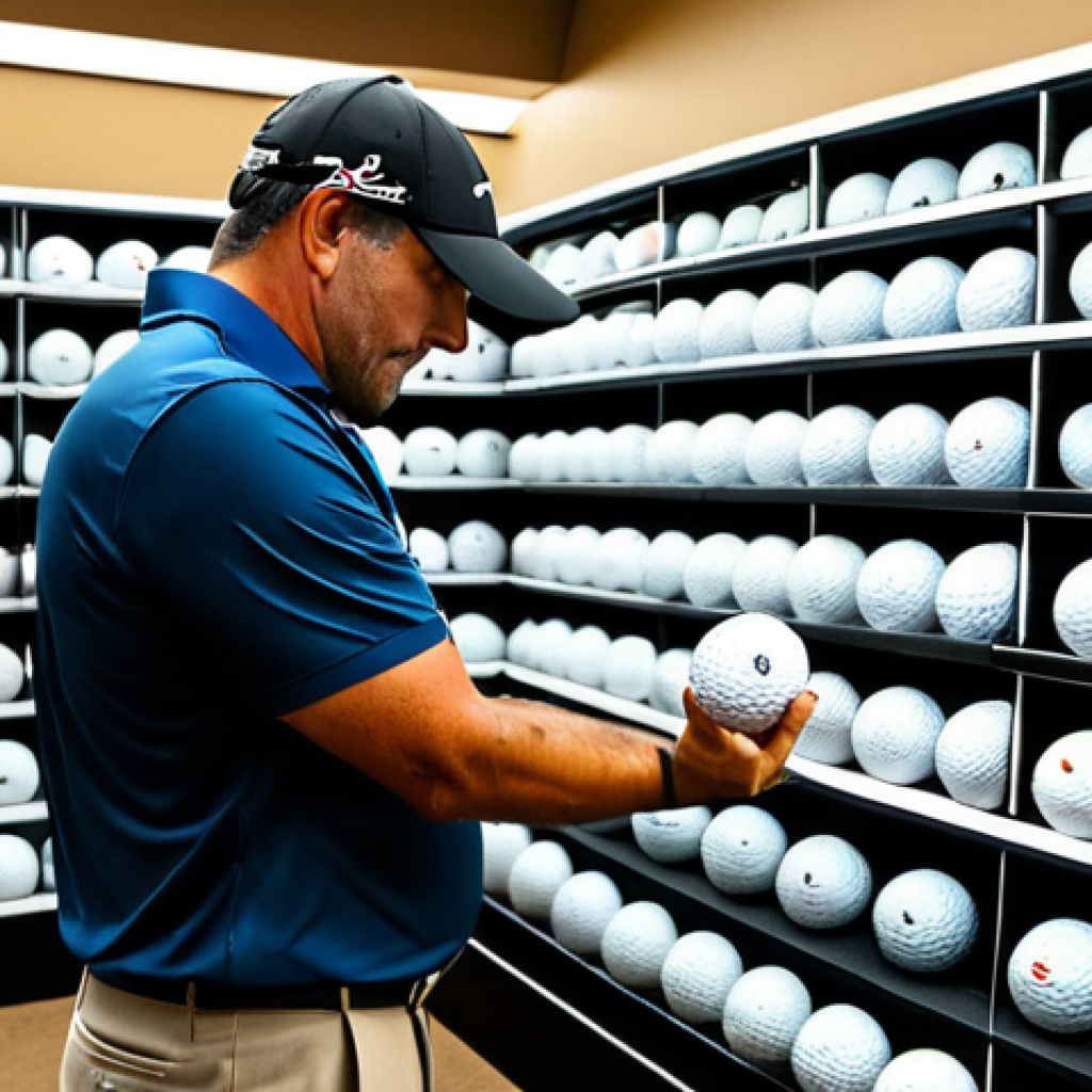 **

"A golfer, fully clothed in professional golf attire, carefully selecting a golf ball from a display in a pro shop. The background shows a wide array of golf balls with various dimple patterns and brand logos. The scene is well-lit, showcasing the details of the golf balls. Safe for work, appropriate content, professional setting, perfect anatomy, natural pose, fully clothed, modest clothing."

**