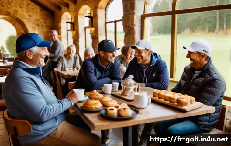 골프 커뮤니티와 네트워킹 - A warm and inviting scene at a golf clubhouse café in a French countryside setting, showing a divers...