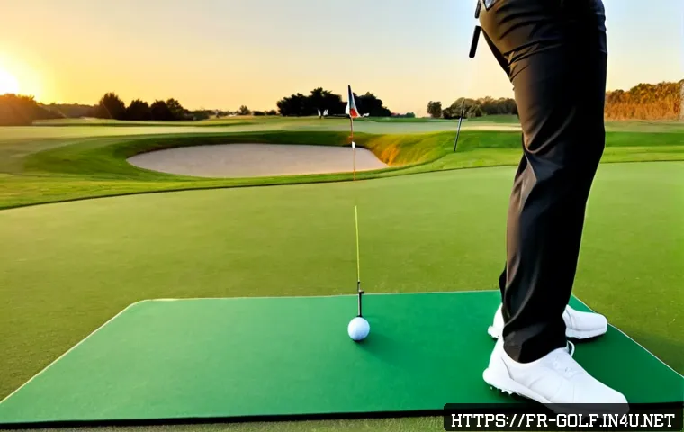 골프 스윙 분석 앱 추천 - Photorealistic modern French golf practice range at sunrise, mature golfer in neat polo and trousers...
